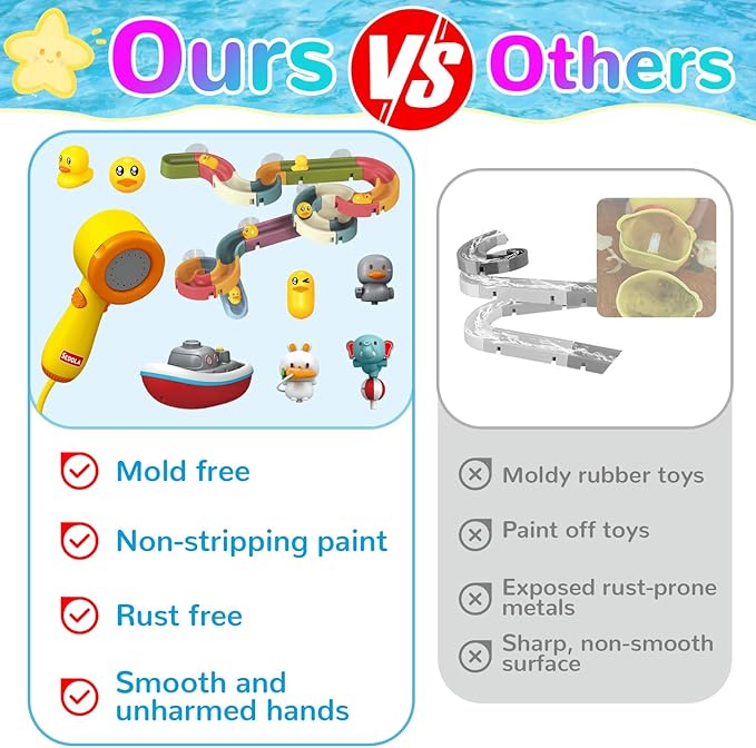 Mostop Toddler Bath Toys for Kids 4-8, Wall Track Buiding Set - Baby Bathtub Toys with Shower Head - Duck Slide Bath Toys - Fun DIY Wall Track Building Set Bathtub Birthday Gift for Boys Girls