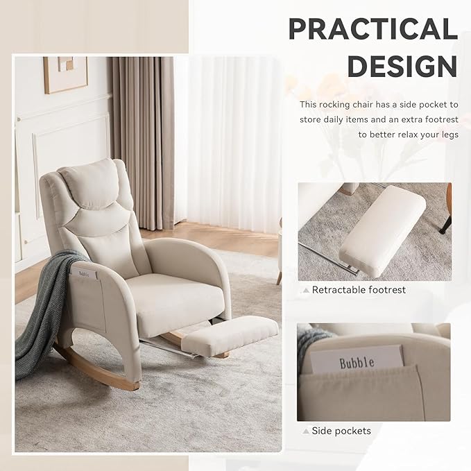 Rocking Chair Nursery,Modern Glider Chair with Adjustable Footrest and Solid Wood Legs,High Backrest Nursery Chair with Side Pocket,Rocker Armchair for Living Room Bedroom Cotton Linen, Beige