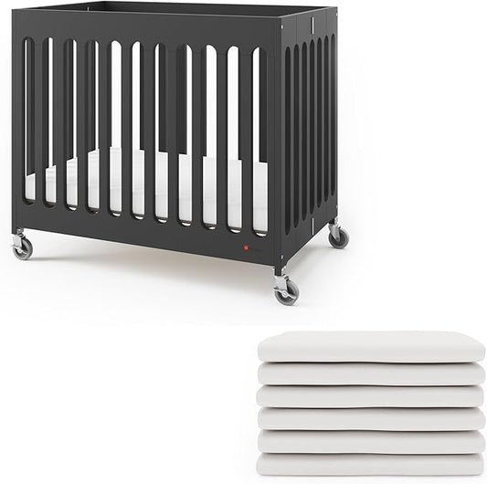 Foundations Boutique Folding Hotel Crib and Sheet Bundle - Includes Wooden Mini Crib with 3" Foam Mattress (Ebony) and 6-Pack White Fitted Compact Sheets