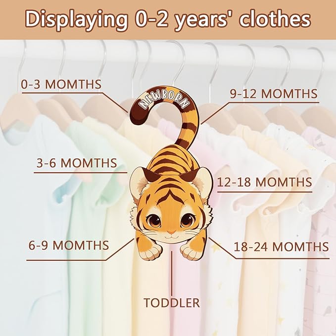 Baby Closet Dividers for Clothes - Set of 8 Unique Animals Design Baby Size Closet Divider Newborn to 24 Months, Babies Wardrobe Closet Organizer Nursery Decor Gender Neutral Kid Clothes Dividers