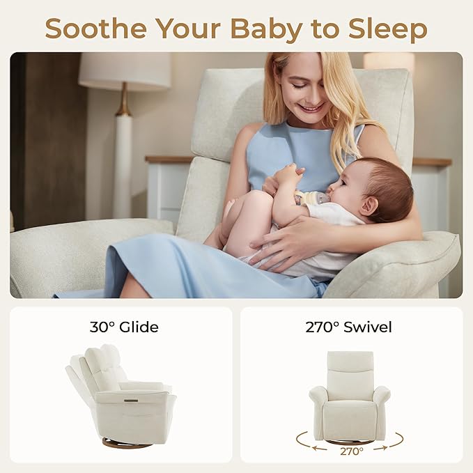 CHITA Power Recliner Chair, Electric Triple-Motor Swivel Glider Nursery Rocking Chair with Adjustable Power Headrest and Lumbar Support, GREENGARD Gold Certified, Solid Wood Base, Linen