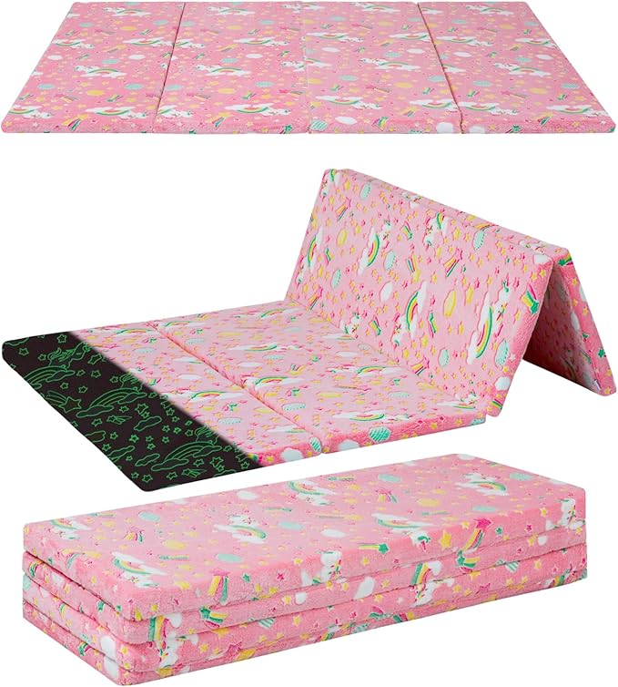 MeMoreCool Kids Floor Futon Mattress Large 6x4 FT, Thicken Foam Tatami Mattress for Children Play Area, Foldable Sleeping Pad Crawling Tatami Mat for Playroom, Pink Rainbow