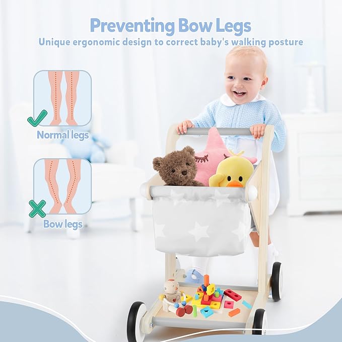 Asweets 2 in 1 Wooden Baby Walker Push and Pull Doll Stroller, Shopping Cart Learning Walker for Boys and Girls, Sit Stand Learning Toddler Toy (Grey)