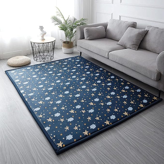 Loartee Coral Velvet Area Rug - 1" Thick Memory Foam Baby Play Mat, Washable Toddler Carpet, Home Decor for Living Room, Nursery, Kids Bedroom, Starry Blue, 6'7"x6'7"