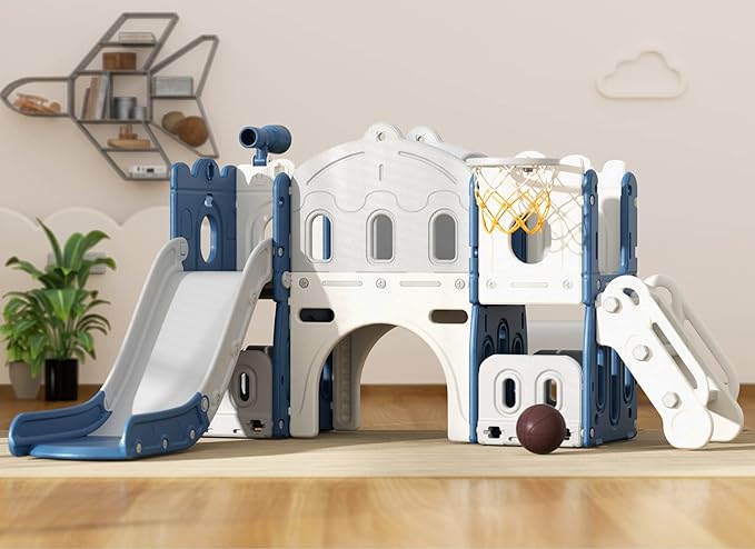 8 in 1 Toddler Slide and Climber Playset Indoor Outdoor Kids Slide with Basketball Hoop,Telescope, Storage Space, Freestanding Backyard Playground for Toddler Age 1-3, Blue