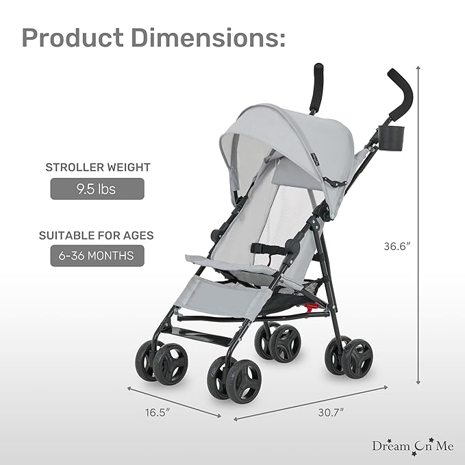 Dream On Me Rover Convenience Baby Stroller in Gray, Lightweight & Compact Umbrella Stroller, Easy one-Hand fold Travel Stroller, Lockable Rear Wheels, Removable & Adjustable Canopy