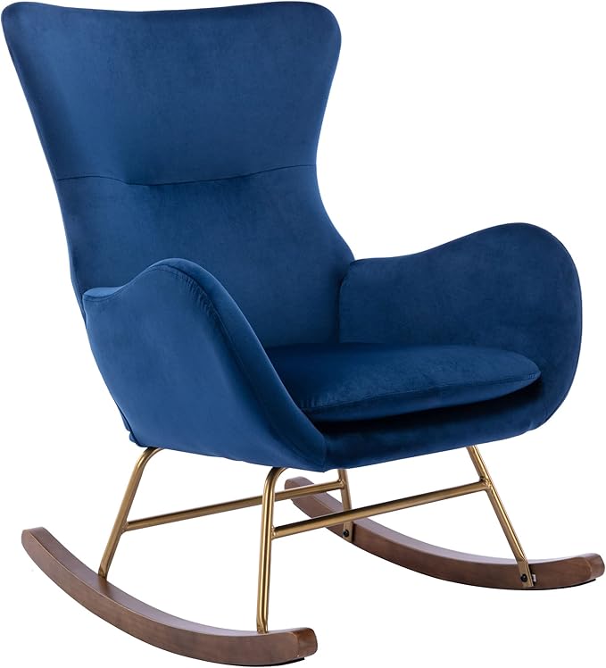 Velvet Rocking Accent Chair Upholstered Nursery Glider Rocker for Baby/Kids Comfy Nursing Lounge Side Chair for Living Room Bedroom, Blue
