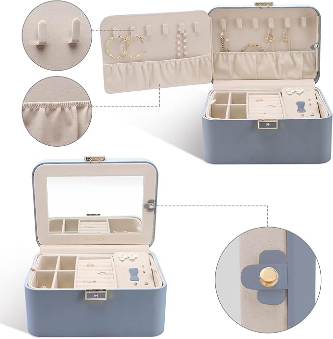 KAMIER Jewelry Organizer Box, 2 Layers PU Leather, Large Capacity, Double Lock and Large Mirror, Hidden Necklace Hooks, Removable Dividers, Gift Box Packaging,Bluish Grey