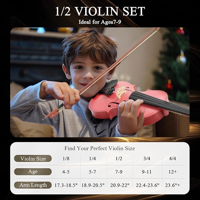 1/2 Beginner Violin Set,Complete Violin Kit with Case, Bow, Rosin, Pink