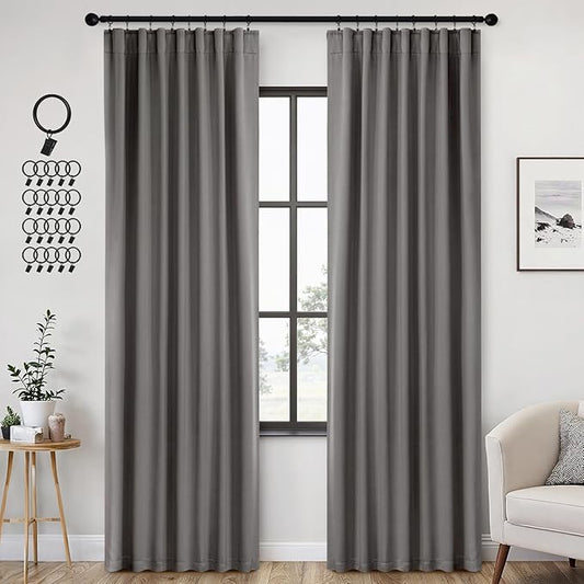 ANRODUO Back Tab Blackout Curtains for Bedroom Living Room, Rod Pocket Pinch Pleated Thermal Insulated Room Darkening Curtains 90 Inches Long 2 Panels, Grey, 42 x 90 Inch