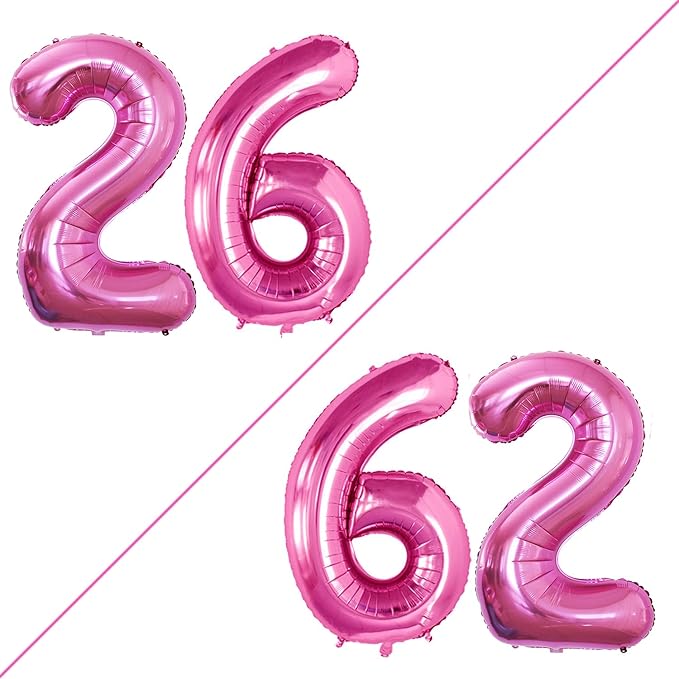 GOER Number 26 Balloons for 26th Birthday Party Decorations,42 Inch Jumbo Foil Helium 62 Balloons for 62nd Birthday Party Decoration (Hot Pink)