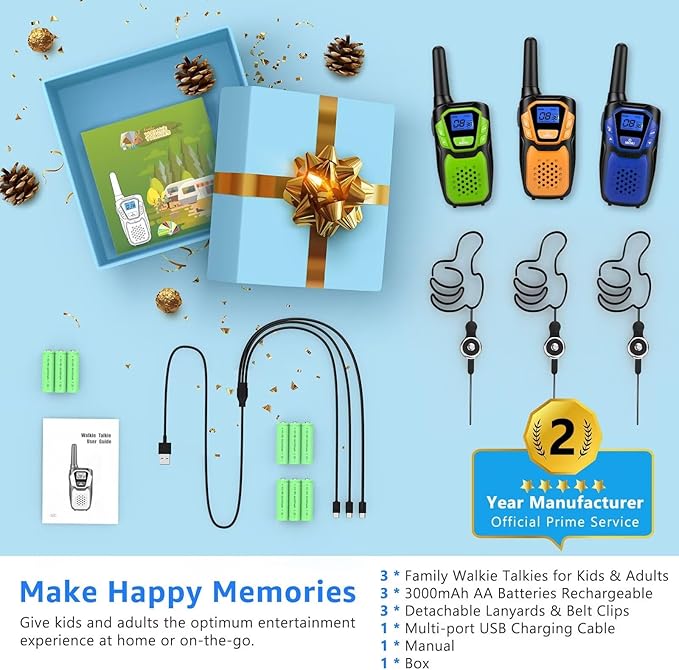Walkie-Talkies for Kids Rechargeable Walkie Talkie for Adults Long Range FRS 2 Way Radio 3 Pack with Lanyard Battery 4 Miles NOAA USB, Family Toys for 3-12 Year Old Girls Boys Toddlers Camping