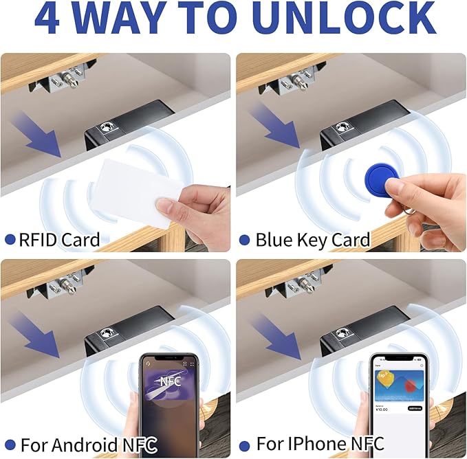 RFID Cabinet Lock, 2 Pack RFID Drawer Electronic Locks Support Phone NFC Unlocking for Locking Wooden Hidden Medicine Knife Liquors Cabinet Drawer to Prevent Theft or Children from Touching