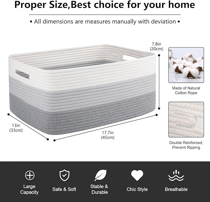 Large Storage Basket for Organizing, Woven Rope Basket for Shelves, Closet Organizer Bins for Clothes, Blanket, Toys, Baby Nursery Storage, 17.7" x 13" x 7.87", 3 Packs Gradient Grey