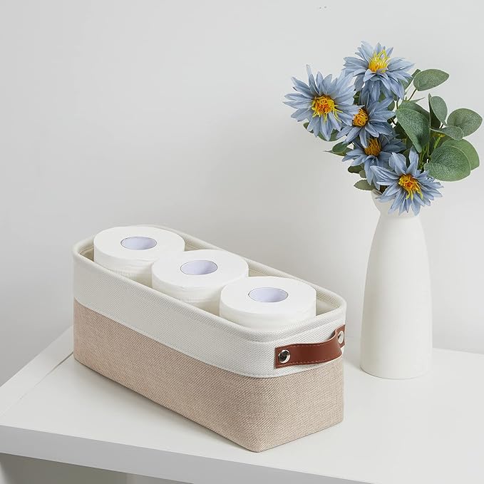 DULLEMELO 2-Pack Bathroom Baskets for Toilet, Small Storage Bins for Organizing Closets, Cabinets, Shelves, Canvas Fabric Storage Basket Bins With Leather Handles for Empty Gift Basket (White&Khaki)