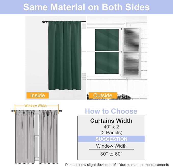 Simplebrand Ava Ever Green Blackout Curtains for Bedroom 63 Inch Length 2 Panels Set, Thermal Insulated Energy Saving Rod Pocket Window Treatment Curtains Blackout Drapes, W40 x L63 Inch, Ever Green