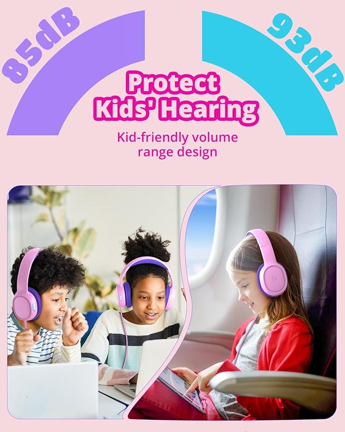 Tronsmart KH01 Kids Headphones - Foldable Over-Ear With Safety Volume 85/93dB, HD Stereo, 3.5mm Jack for Boys/Girls/School/Kindle/Travel/Tablets (Pink)