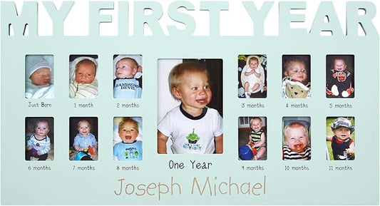 Let's Make Memories Personalized Baby's First 12 Months Photo Frame- New Parents- Newborn- Nursery - Blue