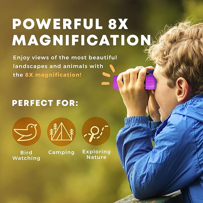 Promora Binoculars for Kids, Set with Magnifying Glass & Compass Purple - Perfect Toy for Little Boys and Girls, Kids Binoculars for 3-12 Years Boys and Girls Present for Toddler