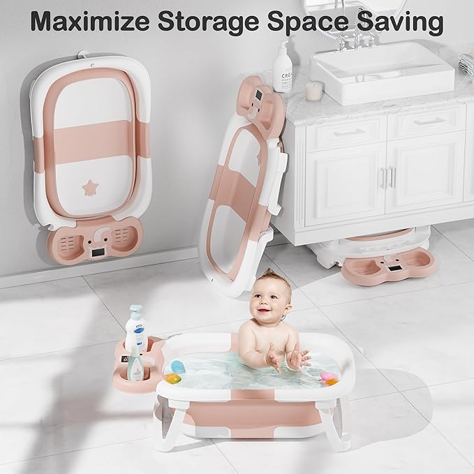 Collapsible Baby Bathtub,Baby Bath Tub with Soft Cushion & Thermometer,Baby Bathtub Newborn to Toddler 0-36 Months,Portable Travel Baby Tub