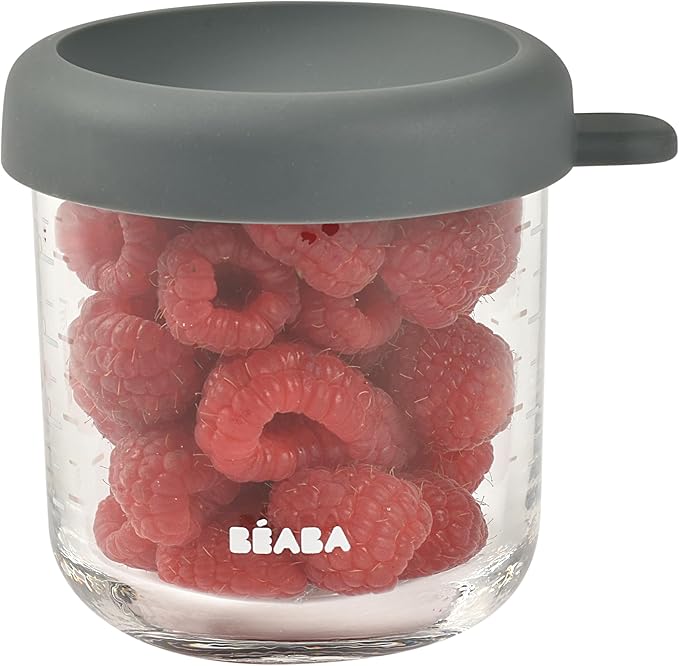 BEABA 8 oz Glass Baby Food Jars with Soft Silicone Air Tight Lids, Glass Storage Containers with Lids, Microwave and Freezer Safe Containers, Mineral