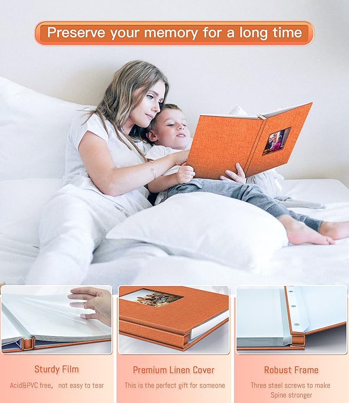 popotop Photo Album Self Adhesive with Picture Display Window,60 Pages DIY Scrapbooking Supplies Kit for 4x6 8x10 Picture,Linen Cover Memory Book for Baby Wedding, with Scraper and Metallic Pen