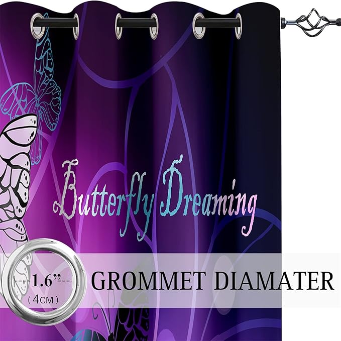Butterfly Blackout Curtain for Girls Bedroom 2Pcs, Purple Window Curtain Panels Drapes Set Curtains 63 inch Length for Kids Bedroom Nursery Room Grommet Top Thermal Insulated Curtains, 82" x 63"
