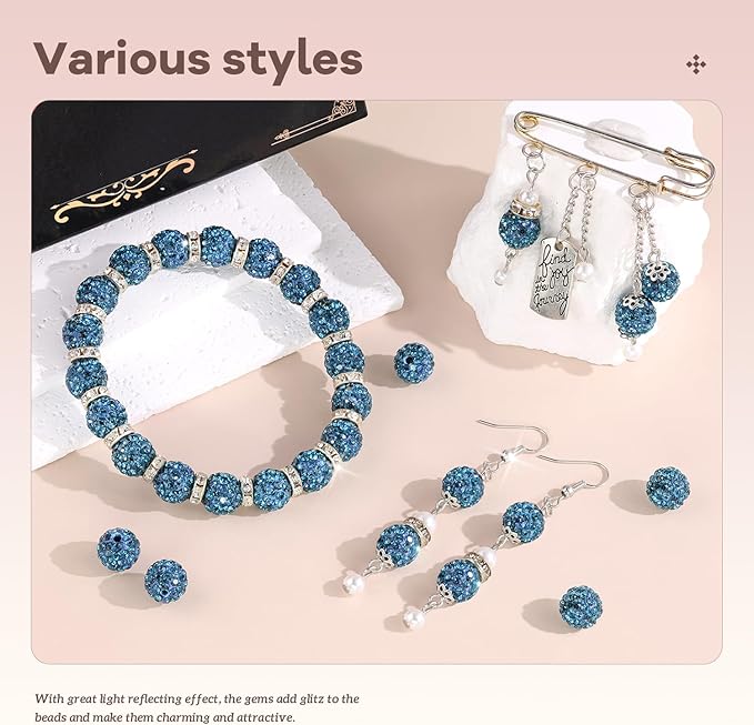 160pcs 10mm Rhinestone Beads for Jewelry Making, Blue Zircon Shiny Round Disco Ball Beads Bulk, Sparkle Crystal Clay Christmas for Bracelet Baseball Necklace Earring Crafting and DIY
