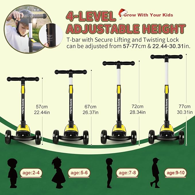 Besrey Kick Scooter for Kids Ages 3-10, 3-Wheel Folding Scooter with Adjustable Height, LED Light Wheels, Extra Wide Deck for Outdoor Activities