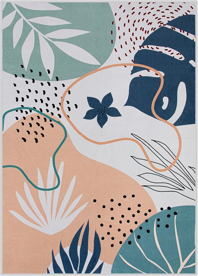 Lahome Washable Area Rug 5x7 - Non-Slip Soft Carpet for Bedroom Ultra-Thin Stain Resistant Rug for Living Room Throw Cute Kids Nursery Rug, Boho Botanical Print Indoor Rugs for Entryway Office