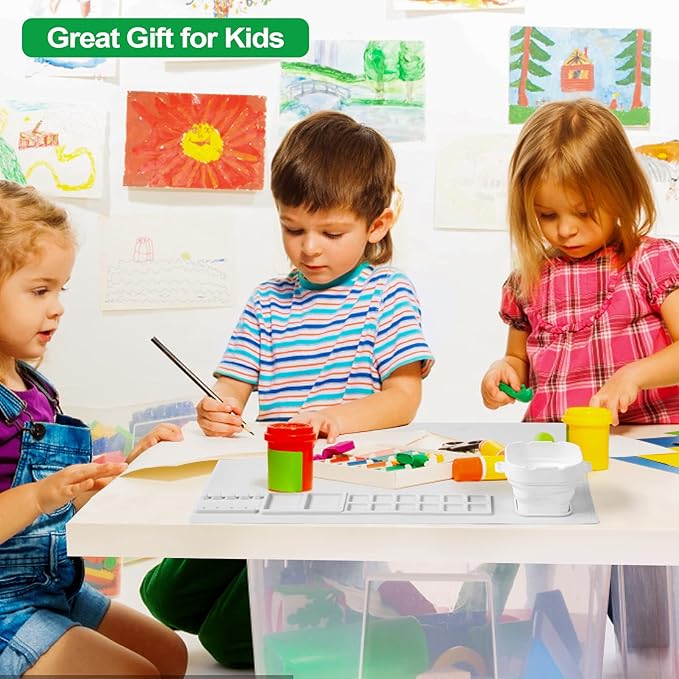 AWOKE Silicone Painting Mat - 20"X16" Silicone Art Mat with 1 Water Cup for Kids - Craft Mat has12 Color Dividers - 2 Paint Dividers (White),Toddler Activities,3 4 5 Year Old Girl Boy Birthday Gifts