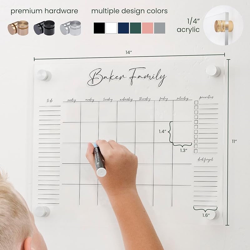 Personalized Clear Acrylic Calendar for Wall, Calendar Whiteboard for Wall, Dry Erase Wall Calendar, Wall Calendar Organizer System for Home (Cursive, Grey, 14"W x 11"H)