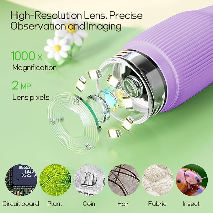 Kids Microscope Pocket Microscope -1000X Portable Microscope for kid | Photo and Video Mini Microscopes | 2'' Digital Little Scientist Microscopes for 3-10 age Years Old boys girls toys gifts (Purple)