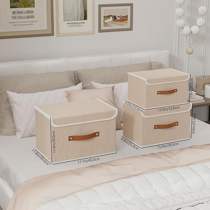 Yawinhe Collapsible Storage Boxes, Linen Fabric Baskets, Bin with lid and Leather Handle, Washable, for Home, Closet, Beige, 17.7''Lx11.8''Wx11.8''H, 3-Pack, USNK024BEX-3