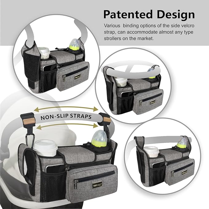 TOPDesign Universal Baby Stroller Organizer, Stroller Caddy with Heightened Insulated Cup Holders & Non-Slip Secure Hooks Accessories, Fits Most Strollers, Machine Washable (Zoo)