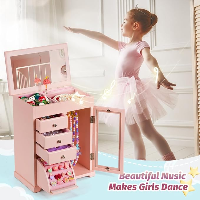 Miratino Jewelry Box for Girls, Kids Jewelry Box with Spinning Dancer, 5 Layer Large Wooden Musical Jewelry Organizer Box Gifts for Little Girls Christmas New Year Birthday Children's Day(Pink)