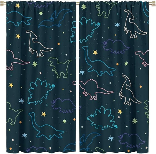 Cartoon Colorful Dinosaur Curtains for Boys Girls Home Decor, Astronaut Funny Outer Space Star Blackout Rod Pocket Window Drapes for Bedroom Living Room W21xL45in Decor