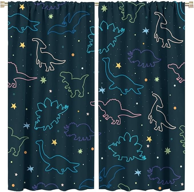 Cartoon Colorful Dinosaur Curtains for Kids Boys Girls Home Decor, Astronaut Funny Outer Space Star Blackout Rod Pocket Window Drapes for Bedroom Living Room W42xL84in 2 Panels