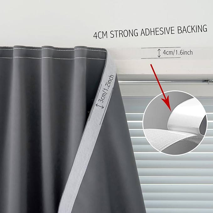Magic Tape Stick On Curtains Window Shades Pull Down Blackout Window Cover Blackout Curtains for Bedroom No Drillng Self Adhesive Curtains No Rod Small Curtain, 35" W X 79" L, Grey, 1 Panel