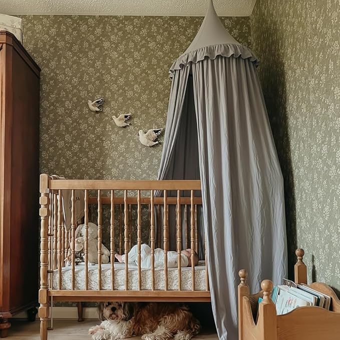 Wonder Space Kids Bed Canopy with Ruffles, Lace Frilled Cotton Tent Net, Pastel Neutral Colors for Boys & Girls, Nursery Room Baby Crib Hanging Curtain Mosquito Net Children Reading Nook Decor (Grey)