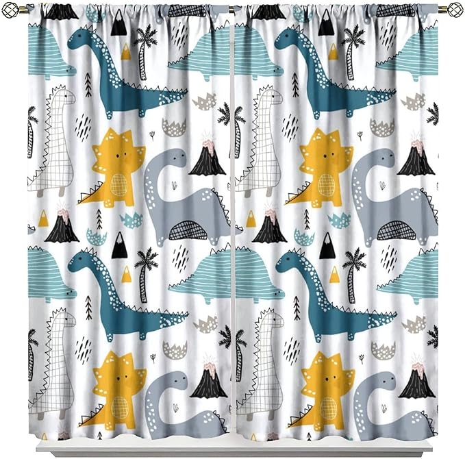 Kids Dinosaur Curtains for Boy Girl Bedroom Decor Cartoon Dino Colorful Cute Funny Wildlife Animal Printed Blackout Rod Pocket Window Drapes for Baby Nursery Playroom Living Room W27.5xL63in 2 Panels