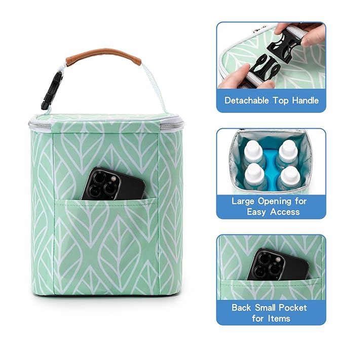 Breast Milk Cooler Bag with Ice Pack Fits 4 Baby Bottles Up to 9 Ounce, Baby Bottle Bag for Nursing Mom Daycare-Green