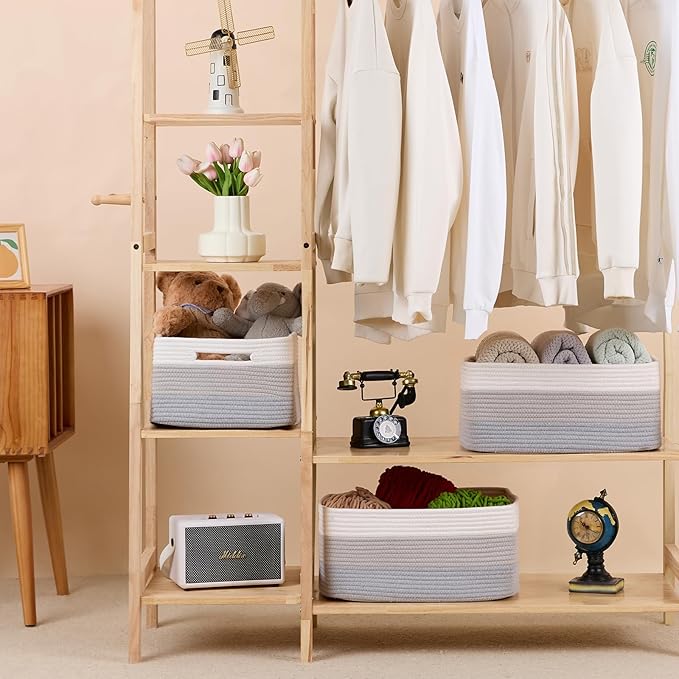 Large Storage Baskets for Organizing, Closet Shelf Baskets for Clothes Blanket Towels, Baby Nursery, Toy Bins Box, Woven Rope Baskets, 17 x 13 x 7.5”, 4 Packs Gradient Grey