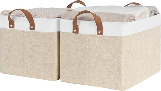 StorageWorks Storage Bins, Fabric Storage Bins for Shelves, Large Storage Baskets with Metal Frame, Closet Baskets and Bins with Handles, Brown and White, 2-Pack