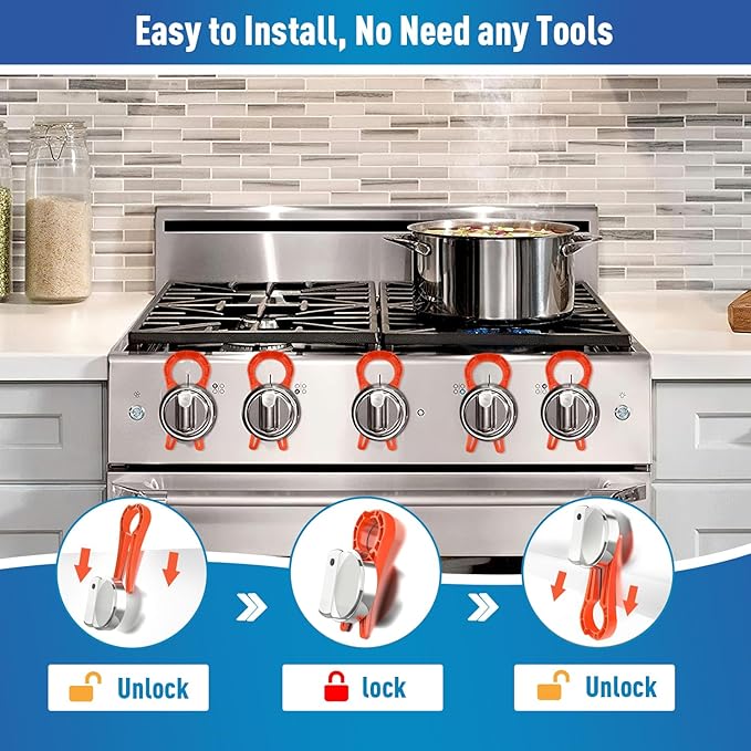 Gas Stove Knob Lock, Baby Proof Oven Knobs Covers Lock for Child Safety (5 Pack) Red