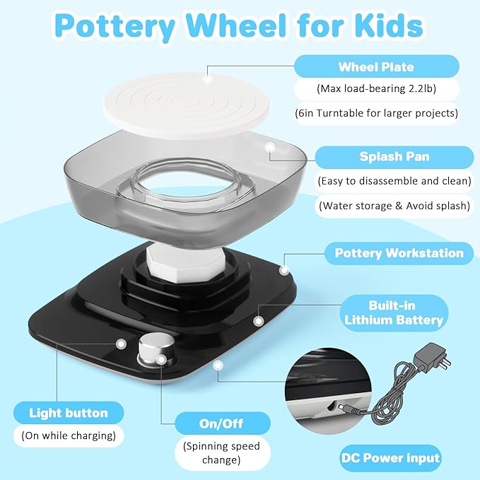 Pottery Wheel for Kids - Complete Pottery Kit & Tools for Beginners, Plug-in Rechargeable Battery, Upgraded Detachable Turntable Adjustable Speed, DIY Clay Maker for Kids 9-12 (Black, Patented)