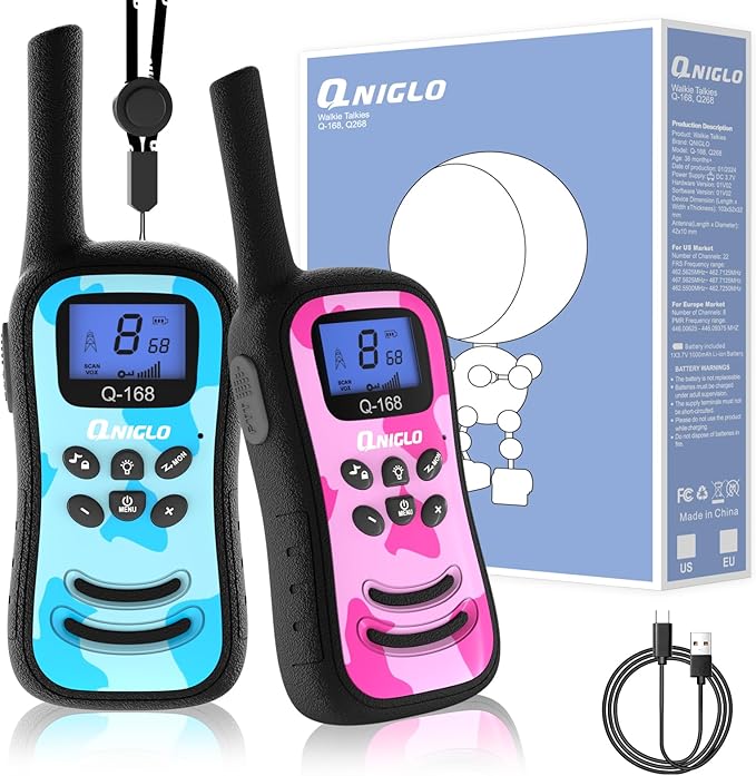 Qniglo Camo Walkie Talkies for Kids, Rechargeable Walkie Talkies with 22 FRS Channels, VOX 2 Way Radios with LED Flashlight for Outdoor Camping Games & Birthday Xmas Toys Gifts for Boys Girls Kids