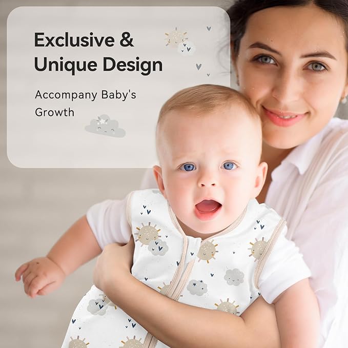 Baby Sleep Sack 0-6 Months 0.5 Tog Wearable Blanket Baby, 3 Pack 100% Cotton Lightweight Sleeping Sack with 2-Way Zipper for Newborn Infant Apricot White Sun Clouds