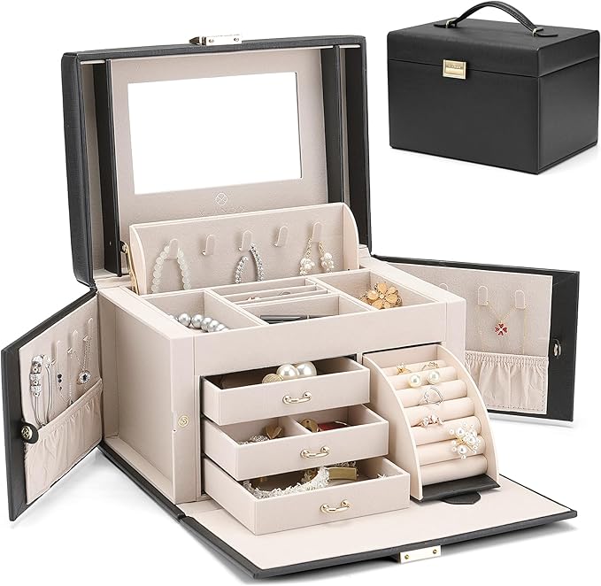 Vlando Jewelry Box Organizer for Girls Women, Large Baroque Jewelry Holder Organizer with Mirror, 3 Drawers for Bracelets, Earrings, Rings, Necklaces, Mothers Day Gifts for Loved One, Black