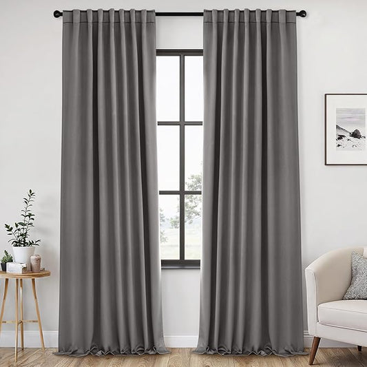 ANRODUO Back Tab Blackout Curtains for Bedroom Living Room, Rod Pocket Pinch Pleated Thermal Insulated Room Darkening Curtains 102 Inches Long 2 Panels, Grey, 52 x 102 Inch
